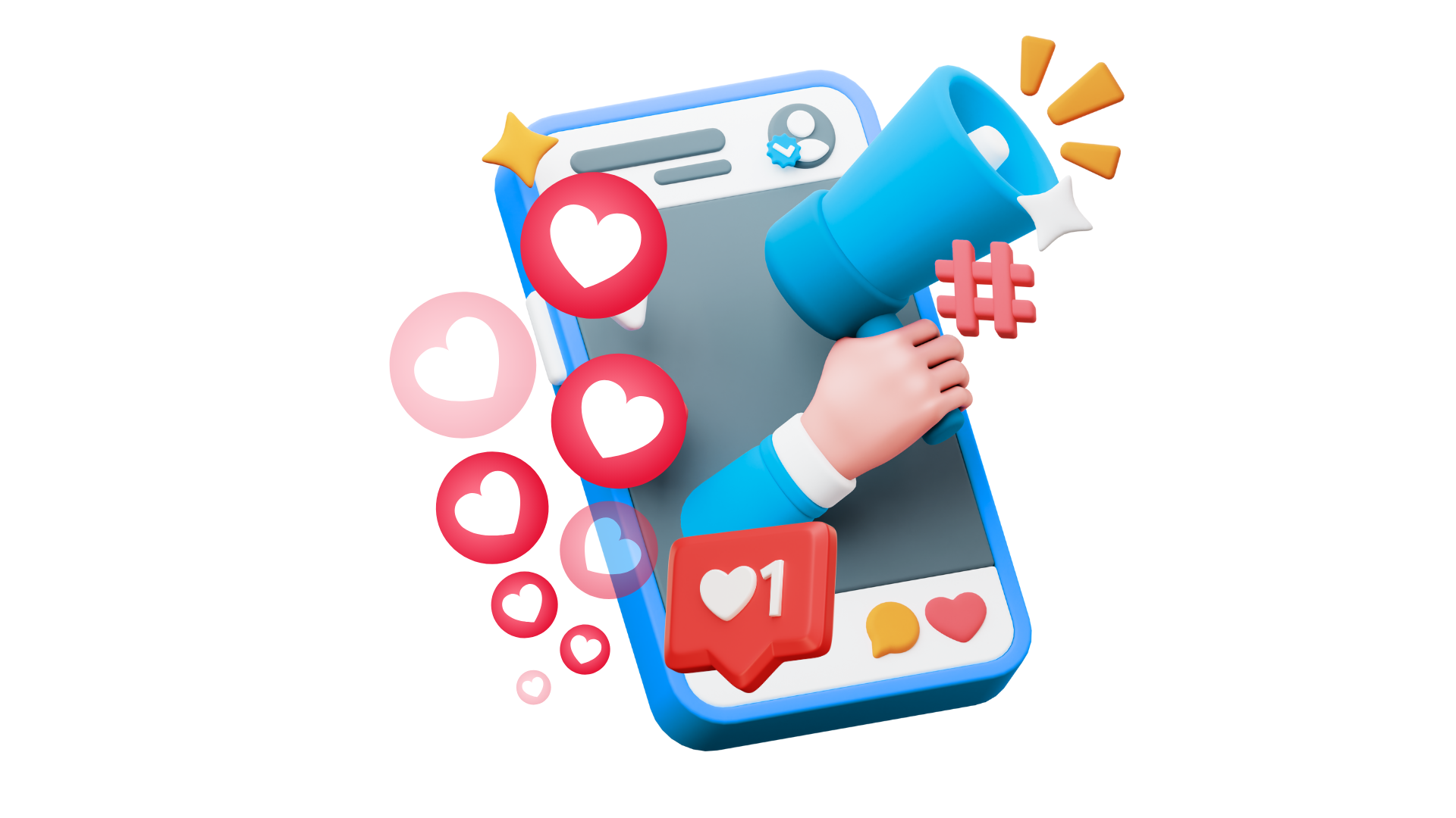 dental-social-media-dashboard-toronto.jpg 3D illustration symbolizing dental social media marketing in Toronto with engagement icons, megaphone, and hashtags