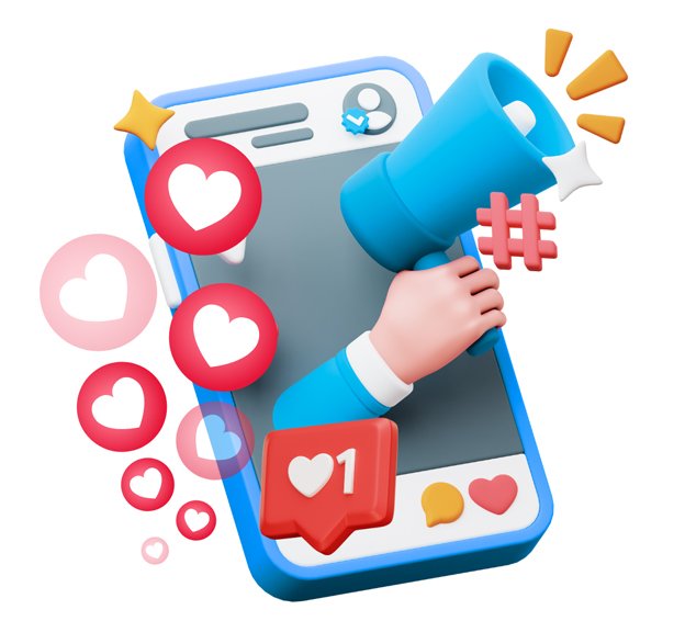 3D illustration symbolizing dental social media marketing in Toronto with engagement icons, megaphone, and hashtags